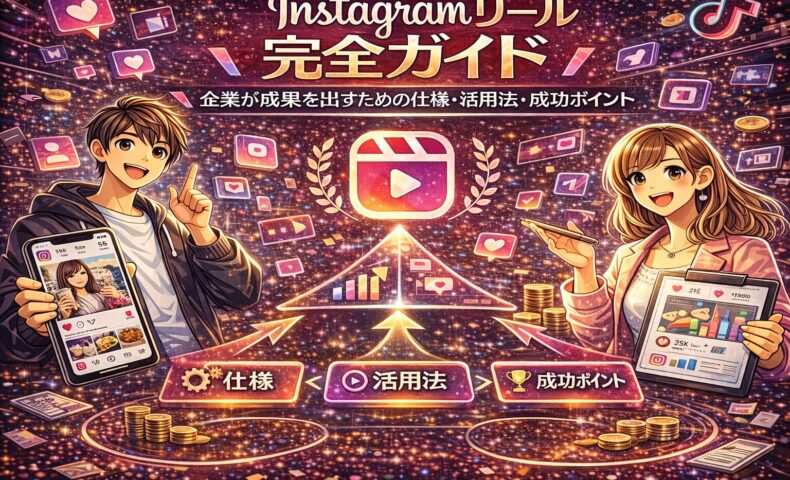 2026年版Instagramリール完全ガイドのイメージ画像。企業が成果を出すためのリール仕様・活用法・成功ポイントを図解で解説