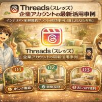 Threads（スレッズ）を活用した企業アカウントの最新事例を紹介するアイキャッチ画像。インテリア・家具・雑貨ブランドの成功事例3選を、イラストとともに分かりやすく表現している。