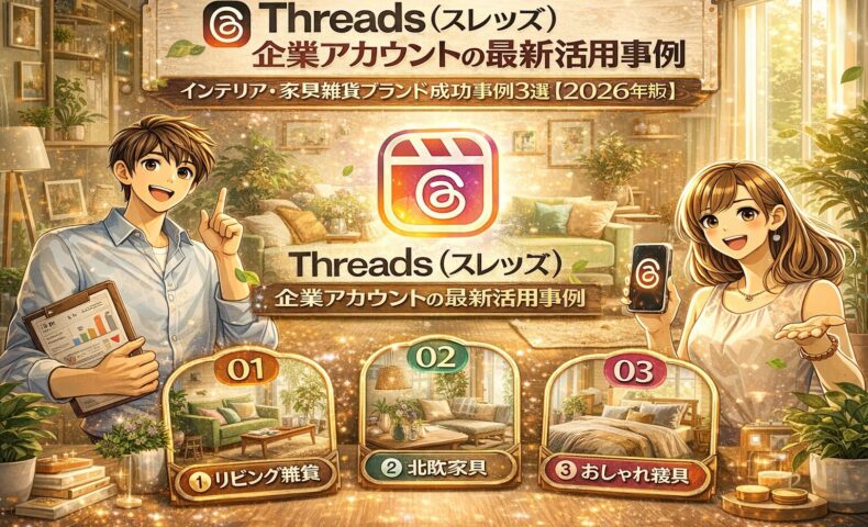 Threads（スレッズ）を活用した企業アカウントの最新事例を紹介するアイキャッチ画像。インテリア・家具・雑貨ブランドの成功事例3選を、イラストとともに分かりやすく表現している。