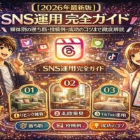 2026年最新版のSNS運用完全ガイドのイメージ。Instagram・TikTok・X・LINEなど主要SNSの運用戦略、投稿例、成功のコツを解説するビジュアル