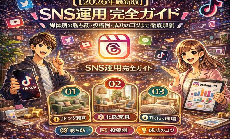 2026年最新版のSNS運用完全ガイドのイメージ。Instagram・TikTok・X・LINEなど主要SNSの運用戦略、投稿例、成功のコツを解説するビジュアル