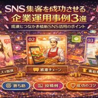 SNS集客を成功させた企業の運用事例3選をイラストで解説するビジュアル。エステサロン、飲食チェーン、法人サービスそれぞれのSNS活用と成果の流れを表現している。