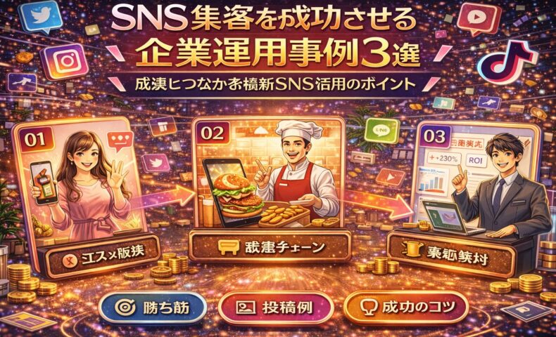 SNS集客を成功させた企業の運用事例3選をイラストで解説するビジュアル。エステサロン、飲食チェーン、法人サービスそれぞれのSNS活用と成果の流れを表現している。