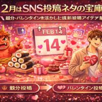 2月のSNS投稿ネタを紹介するイラスト。節分とバレンタインを活かしたSNS集客アイデアを表現したビジュアル