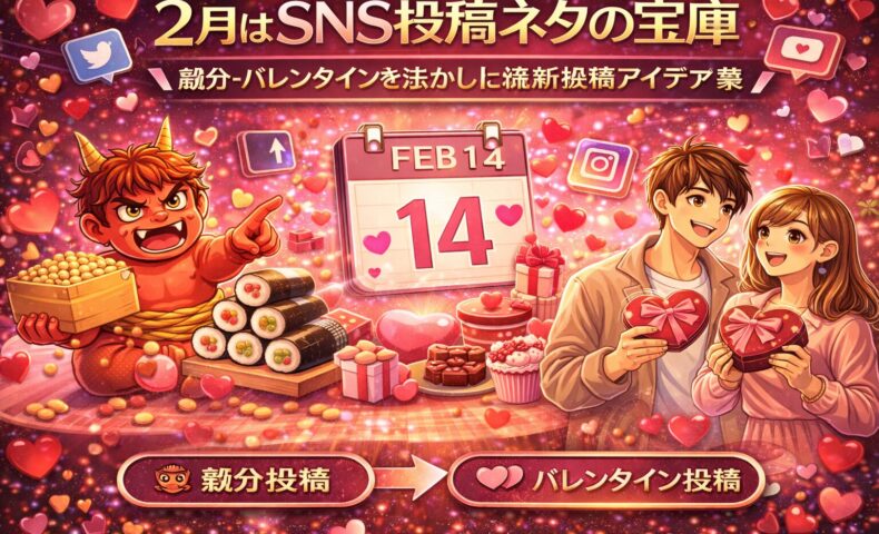 2月のSNS投稿ネタを紹介するイラスト。節分とバレンタインを活かしたSNS集客アイデアを表現したビジュアル