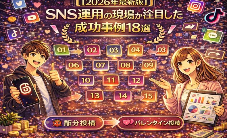 2026年最新版のSNS運用成功事例を18選で紹介するビジュアル。Instagram・TikTok・Xなど複数SNSの企業活用事例と、成果につながる投稿パターンを一覧化したイラスト。