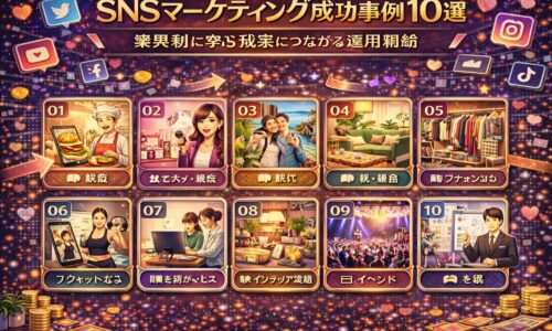 SNSマーケティング成功事例10選の図解。業種別に成果につながる運用のヒントを10パターンで整理したアイキャッチ画像