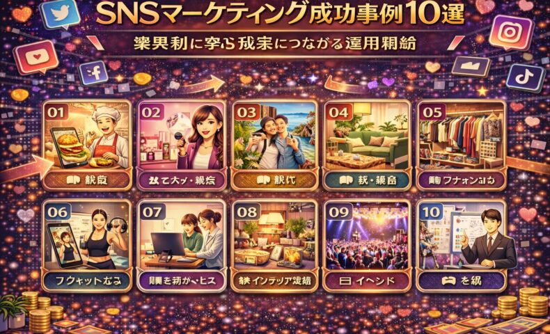 SNSマーケティング成功事例10選の図解。業種別に成果につながる運用のヒントを10パターンで整理したアイキャッチ画像