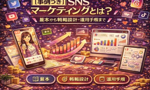 事例つきで解説するSNSマーケティングの全体像。スマートフォンや分析画面、グラフを用いて、基礎から戦略設計・運用手順までを視覚的に表現したイメージ
