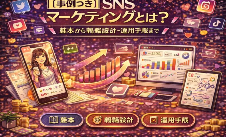 事例つきで解説するSNSマーケティングの全体像。スマートフォンや分析画面、グラフを用いて、基礎から戦略設計・運用手順までを視覚的に表現したイメージ