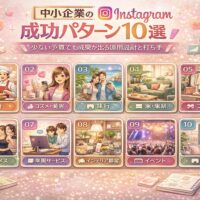 中小企業のInstagram成功パターン10選を業種別にまとめた図解イメージ。飲食・コスメ・旅行・家具・ファッション・フィットネスなど、少ない予算でも成果が出るInstagram運用設計を視覚的に表現