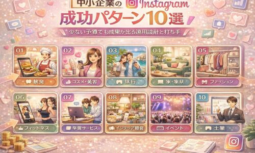 中小企業のInstagram成功パターン10選を業種別にまとめた図解イメージ。飲食・コスメ・旅行・家具・ファッション・フィットネスなど、少ない予算でも成果が出るInstagram運用設計を視覚的に表現