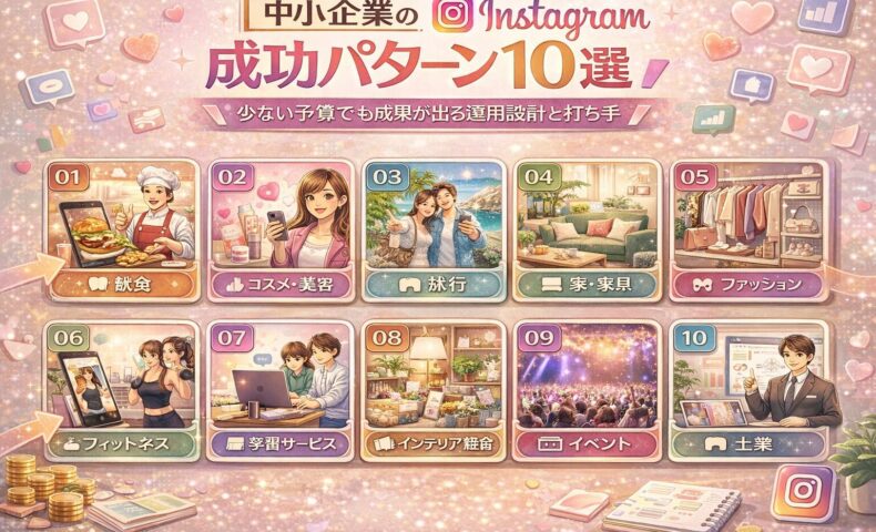 中小企業のInstagram成功パターン10選を業種別にまとめた図解イメージ。飲食・コスメ・旅行・家具・ファッション・フィットネスなど、少ない予算でも成果が出るInstagram運用設計を視覚的に表現