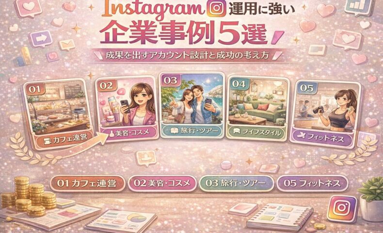 Instagram運用に強い企業事例5選を業種別にまとめた図解イメージ。カフェ運営、美容・コスメ、旅行・ツアー、ライフスタイル、フィットネス分野で成果を出すアカウント設計と成功パターンを視覚的に表現