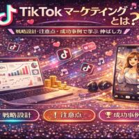 TikTokマーケティングの戦略設計・注意点・成功事例を解説するイメージ。分析データを表示したノートPCと、TikTok投稿画面のスマートフォン、成果を象徴するアイコンが並ぶビジュアル。