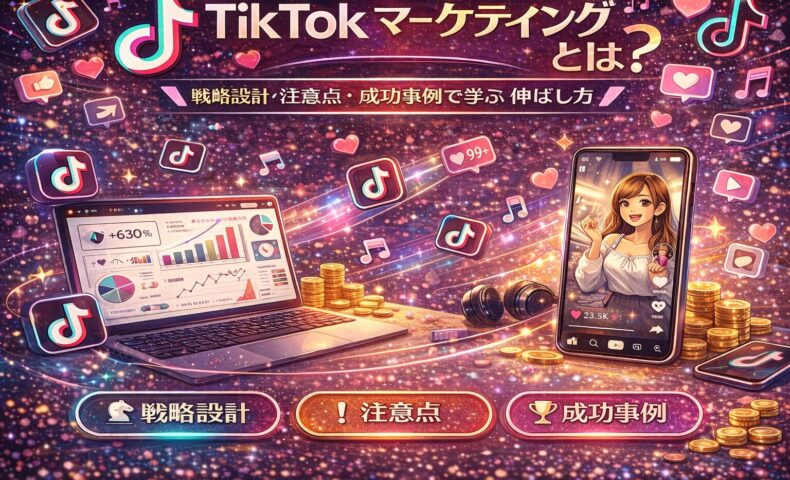 TikTokマーケティングの戦略設計・注意点・成功事例を解説するイメージ。分析データを表示したノートPCと、TikTok投稿画面のスマートフォン、成果を象徴するアイコンが並ぶビジュアル。