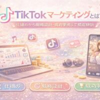 TikTokマーケティングの仕組みや戦略設計、成功事例を図解で解説したイメージ。データ分析画面とスマホ動画を通して、集客と成果につなげるTikTokマーケティングの全体像を表現。
