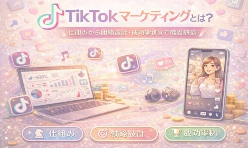 TikTokマーケティングの仕組みや戦略設計、成功事例を図解で解説したイメージ。データ分析画面とスマホ動画を通して、集客と成果につなげるTikTokマーケティングの全体像を表現。
