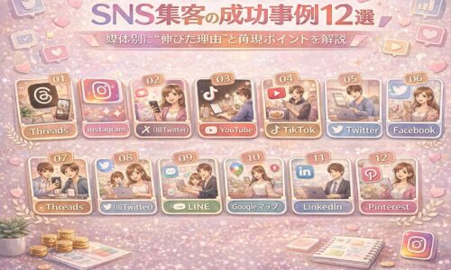 SNS集客の成功事例12選を一覧で紹介した図解。Threads、Instagram、X（旧Twitter）、YouTube、TikTok、Twitter、Facebook、LINE、Googleマップ、LinkedIn、Pinterestなど主要SNS媒体ごとの活用事例が並んでいる。