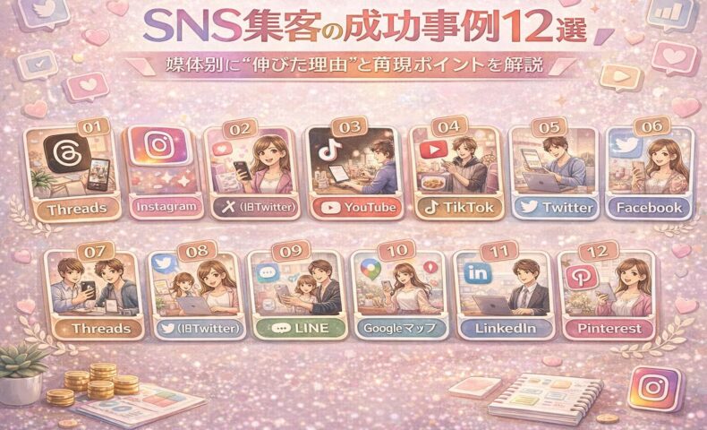 SNS集客の成功事例12選を一覧で紹介した図解。Threads、Instagram、X（旧Twitter）、YouTube、TikTok、Twitter、Facebook、LINE、Googleマップ、LinkedIn、Pinterestなど主要SNS媒体ごとの活用事例が並んでいる。