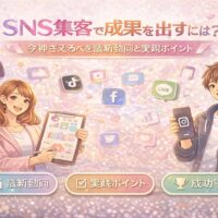 SNS集客で成果を出すための最新トレンドと実践ポイントを解説するイラスト。縦型動画やInstagram、TikTok、LINEなど複数SNSを活用した集客戦略を表現している。