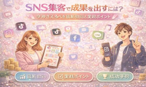 SNS集客で成果を出すための最新トレンドと実践ポイントを解説するイラスト。縦型動画やInstagram、TikTok、LINEなど複数SNSを活用した集客戦略を表現している。
