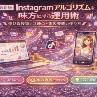Instagramアルゴリズムを味方にしたSNS集客の仕組みを解説するビジュアル。伸びる投稿の共通点、リールや発見タブの評価軸、集客導線の作り方をイメージで表現している。