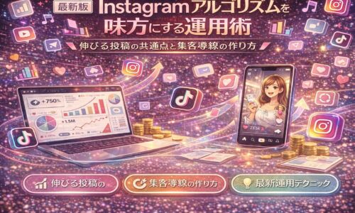 Instagramアルゴリズムを味方にしたSNS集客の仕組みを解説するビジュアル。伸びる投稿の共通点、リールや発見タブの評価軸、集客導線の作り方をイメージで表現している。