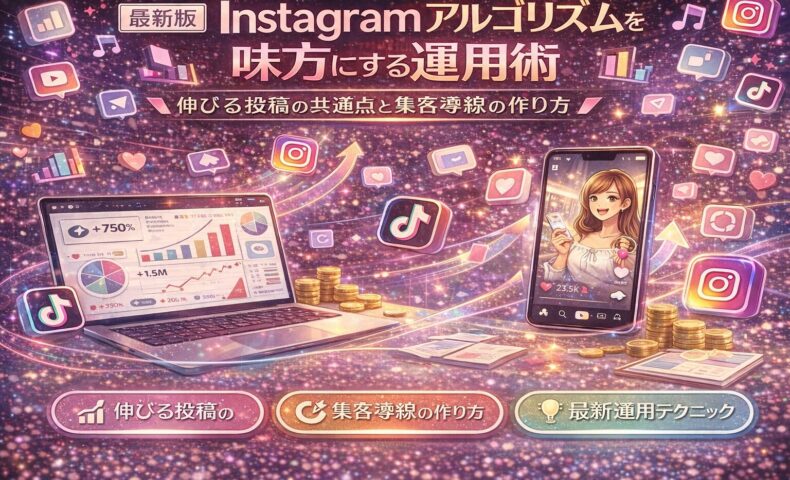 Instagramアルゴリズムを味方にしたSNS集客の仕組みを解説するビジュアル。伸びる投稿の共通点、リールや発見タブの評価軸、集客導線の作り方をイメージで表現している。
