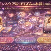 Instagramアルゴリズムの仕組みを図解で解説し、エンゲージメント・閲覧行動・関心度の3つの重要シグナルを可視化したイメージ