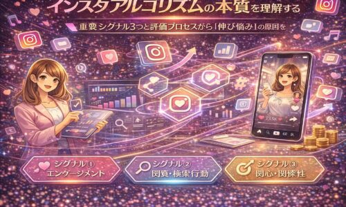 Instagramアルゴリズムの仕組みを図解で解説し、エンゲージメント・閲覧行動・関心度の3つの重要シグナルを可視化したイメージ