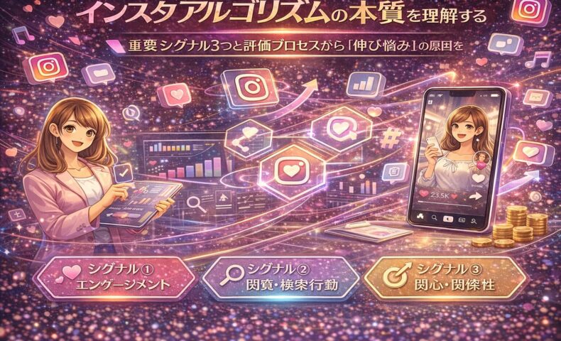 Instagramアルゴリズムの仕組みを図解で解説し、エンゲージメント・閲覧行動・関心度の3つの重要シグナルを可視化したイメージ