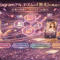 Instagramアルゴリズムの仕組みを構造的に解説し、企業が成果につなげる7つの運用ポイントを図解で示したイメージ