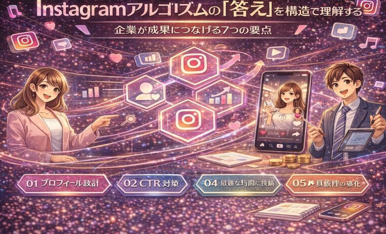 Instagramアルゴリズムの仕組みを構造的に解説し、企業が成果につなげる7つの運用ポイントを図解で示したイメージ