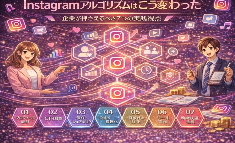 Instagramアルゴリズムの変化を解説するイラスト。企業担当者がプロフィール設計、CTR対策、保存・シェア、接触頻度、信頼構築、リール活用、効果検証の7つの施策を図解で理解しているビジュアル。