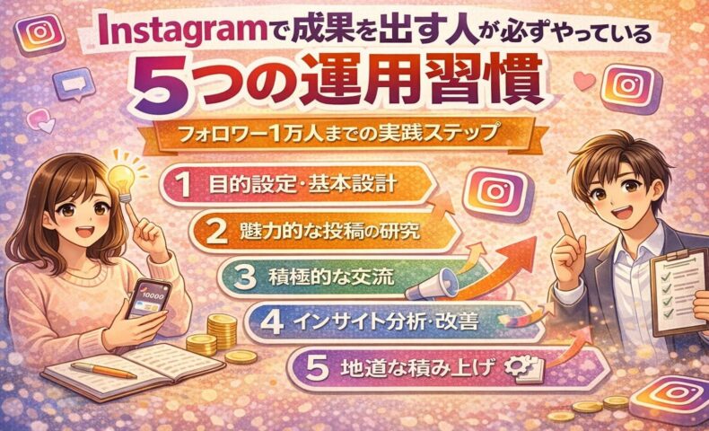 Instagramで成果を出す人が実践している5つの運用習慣を図解で解説したイラスト。目的設計、投稿改善、交流、分析、継続の流れが分かるビジュアル。