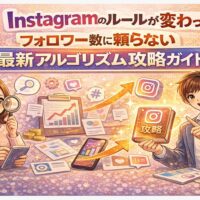 Instagramのルール変更とアルゴリズムの進化を解説するイラスト。フォロワー数に頼らない最新アルゴリズム攻略ガイドとして、分析・成長・おすすめ表示を示している