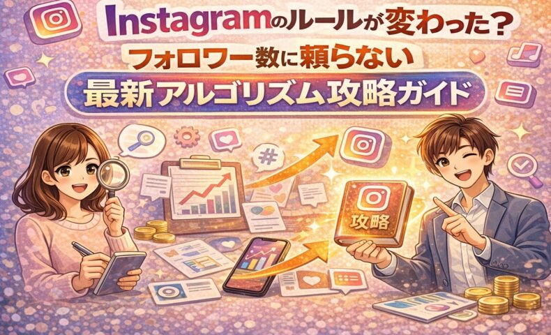 Instagramのルール変更とアルゴリズムの進化を解説するイラスト。フォロワー数に頼らない最新アルゴリズム攻略ガイドとして、分析・成長・おすすめ表示を示している