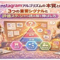 Instagramアルゴリズムの本質を解説する図解イラスト。3つの重要シグナルである保存・シェア・関係性と、評価・振興・TOPの評価ステージを示し、投稿の伸ばし方を分かりやすく表現している。