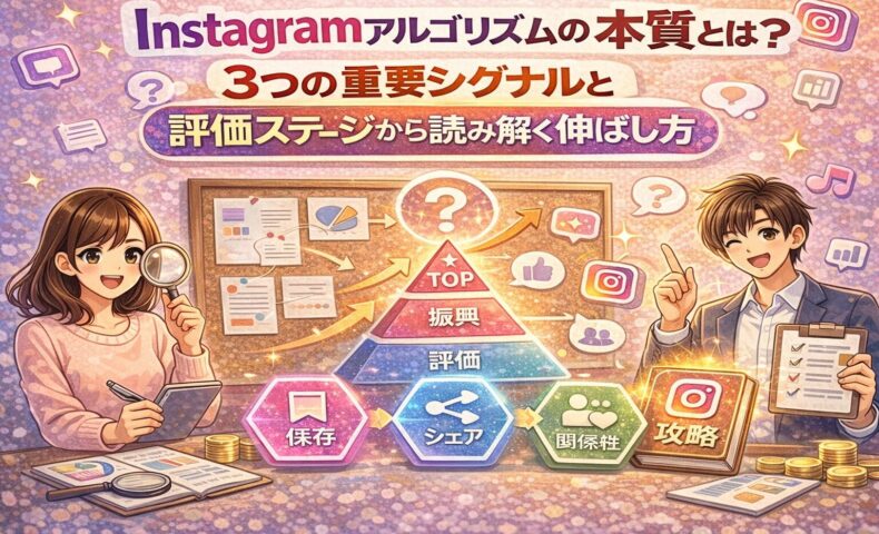 Instagramアルゴリズムの本質を解説する図解イラスト。3つの重要シグナルである保存・シェア・関係性と、評価・振興・TOPの評価ステージを示し、投稿の伸ばし方を分かりやすく表現している。