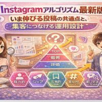 Instagramアルゴリズム最新版を図解で解説し、いま伸びる投稿の共通点と集客につなげる運用設計を示したビジュアル。評価・振興・トップの構造と、シェア・保存・発見・DM交流などの重要要素を表現している。