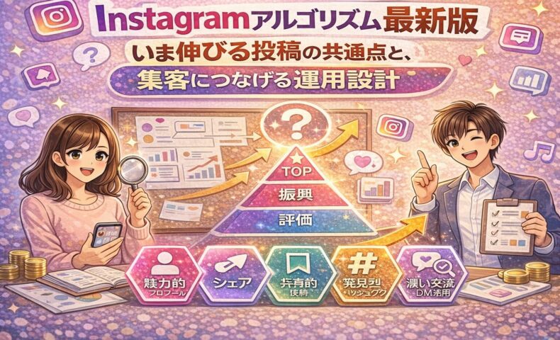 Instagramアルゴリズム最新版を図解で解説し、いま伸びる投稿の共通点と集客につなげる運用設計を示したビジュアル。評価・振興・トップの構造と、シェア・保存・発見・DM交流などの重要要素を表現している。