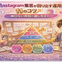Instagram集客が回り出す運用設計を解説した図解イラスト。11のコツと伸びない原因の直し方を、コンセプト設計・プロフィール設定・ペルソナ発信・リサーチ分析の流れで視覚的に表現している。