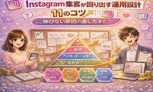 Instagram集客が回り出す運用設計を解説した図解イラスト。11のコツと伸びない原因の直し方を、コンセプト設計・プロフィール設定・ペルソナ発信・リサーチ分析の流れで視覚的に表現している。