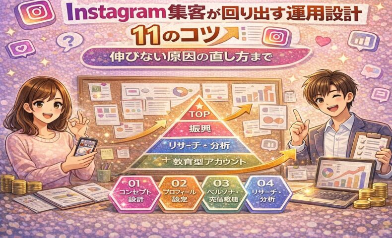 Instagram集客が回り出す運用設計を解説した図解イラスト。11のコツと伸びない原因の直し方を、コンセプト設計・プロフィール設定・ペルソナ発信・リサーチ分析の流れで視覚的に表現している。