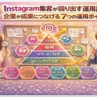 Instagram集客が回り出す運用設計を解説した図解イラスト。企業向けに、コンセプト設計・プロフィール設定・発信内容・DM活用・インサイト分析・ハッシュタグ最適化など、成果につながる7つの運用ポイントをピラミッド構造で表現している。