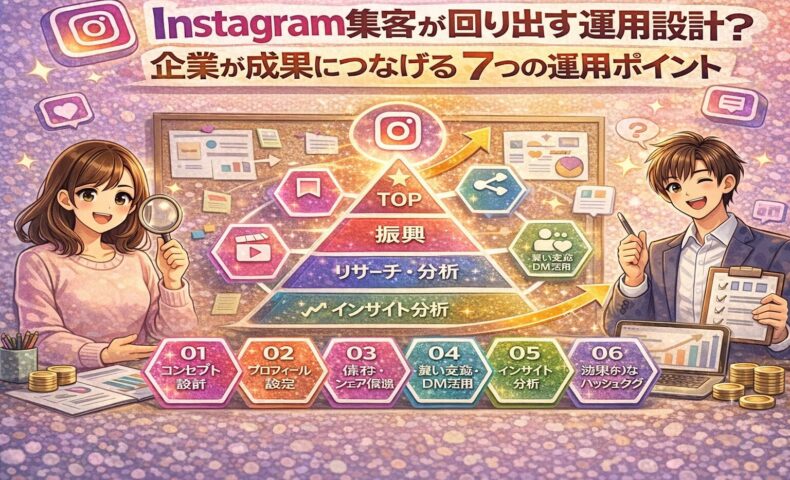 Instagram集客が回り出す運用設計を解説した図解イラスト。企業向けに、コンセプト設計・プロフィール設定・発信内容・DM活用・インサイト分析・ハッシュタグ最適化など、成果につながる7つの運用ポイントをピラミッド構造で表現している。
