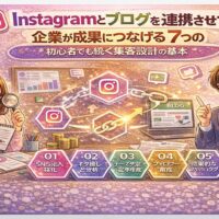 Instagramとブログを連携させて企業が集客成果を出すための運用設計を解説する図解イラスト。SNS流入強化、ネタ探しと分析、記事作成、フォロワー育成、ハッシュタグ活用の流れを示している。