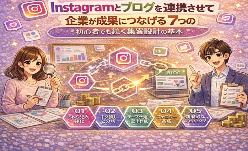 Instagramとブログを連携させて企業が集客成果を出すための運用設計を解説する図解イラスト。SNS流入強化、ネタ探しと分析、記事作成、フォロワー育成、ハッシュタグ活用の流れを示している。