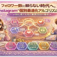 Instagramアルゴリズム最新運用を解説する図解イラスト。フォロワー数に依存しない集客設計と、エンゲージメント・リール・分析プロセスの関係性を示している。